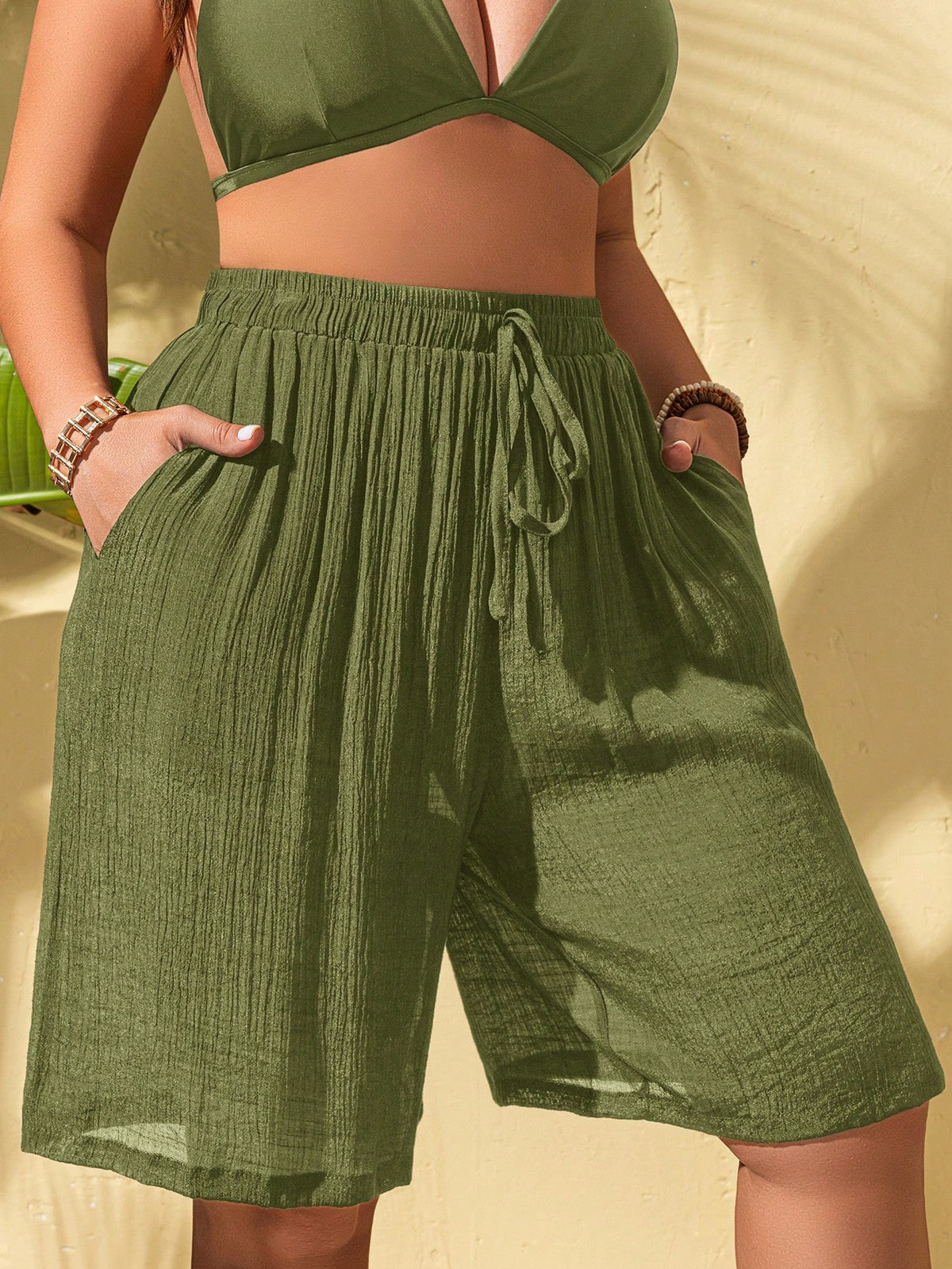 Swim Lushoire Lace Up Plus Size Women's Romper With Pockets, Loose Fitting Short Jumpsuit For Summer Beach Vacation