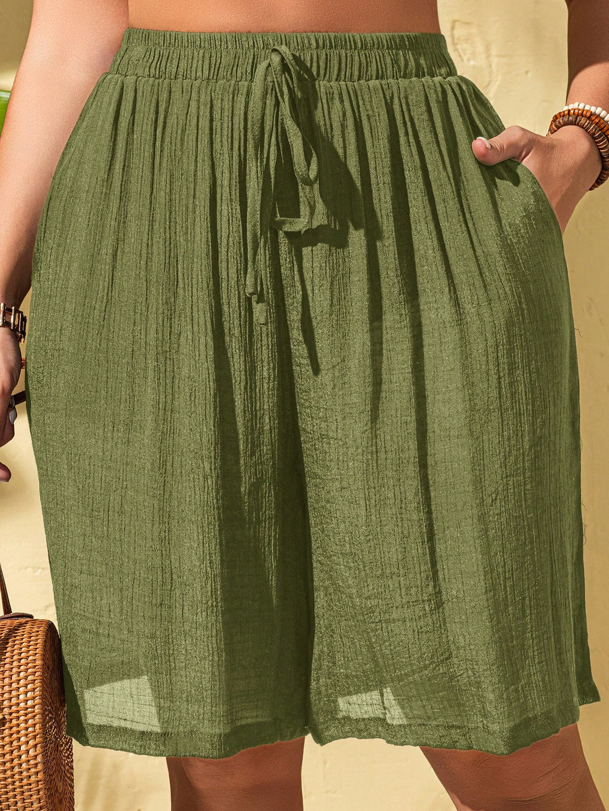 Swim Lushoire Lace Up Plus Size Women's Romper With Pockets, Loose Fitting Short Jumpsuit For Summer Beach Vacation