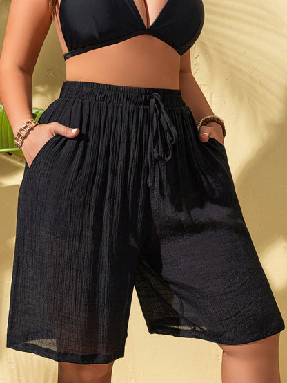 Swim Lushoire Lace Up Plus Size Women's Romper With Pockets, Loose Fitting Short Jumpsuit For Summer Beach Vacation