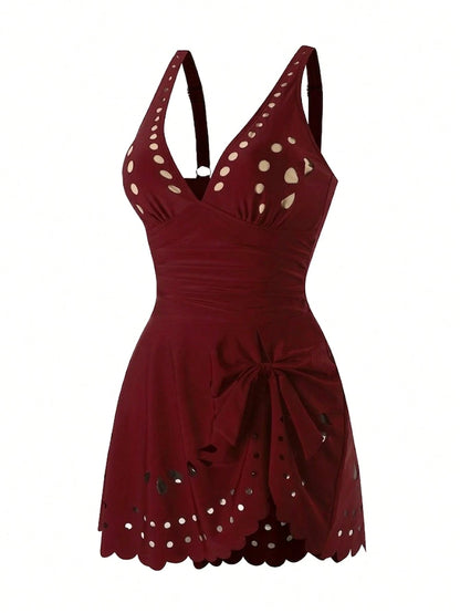 Swim Lushoire Mature Solid Color Cutout Ruffle One-Piece Swimsuit