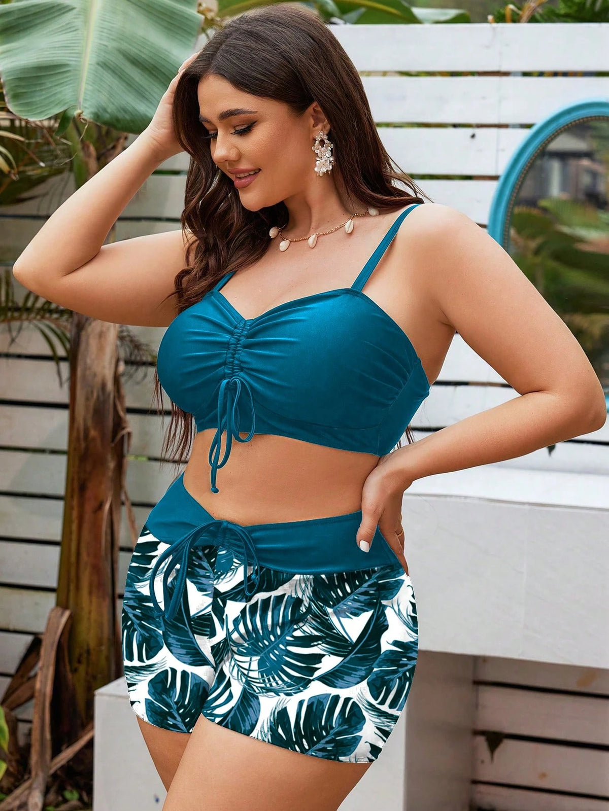 Swim Lushoire Plus Size 2-Piece Swimsuit Set,Light Teal Solid & Tropical Print Splice,Chest Drawstring,High Waist Shorts,Summer Beach Vacation Holiday Elegant Wear