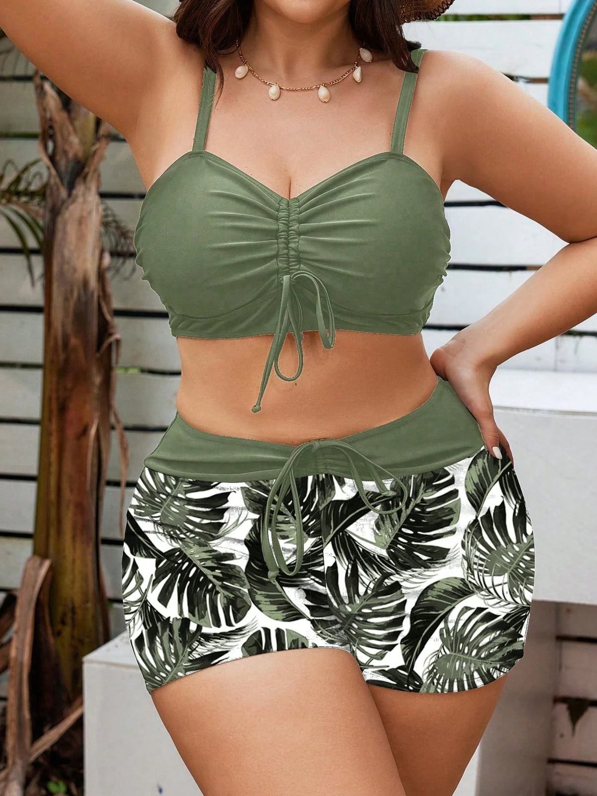 Swim Lushoire Plus Size 2-Piece Swimsuit Set,Light Teal Solid & Tropical Print Splice,Chest Drawstring,High Waist Shorts,Summer Beach Vacation Holiday Elegant Wear