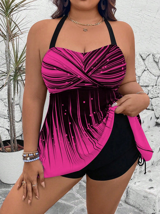 Swim Lushoire Plus Size 2Pcs Set Cerise Pink,Summer,Holiday,Vacation,Holiday Printed Pattern Top&Solid High Waist Shorts,Spaghetti Straps Backless Casual Bikini Set