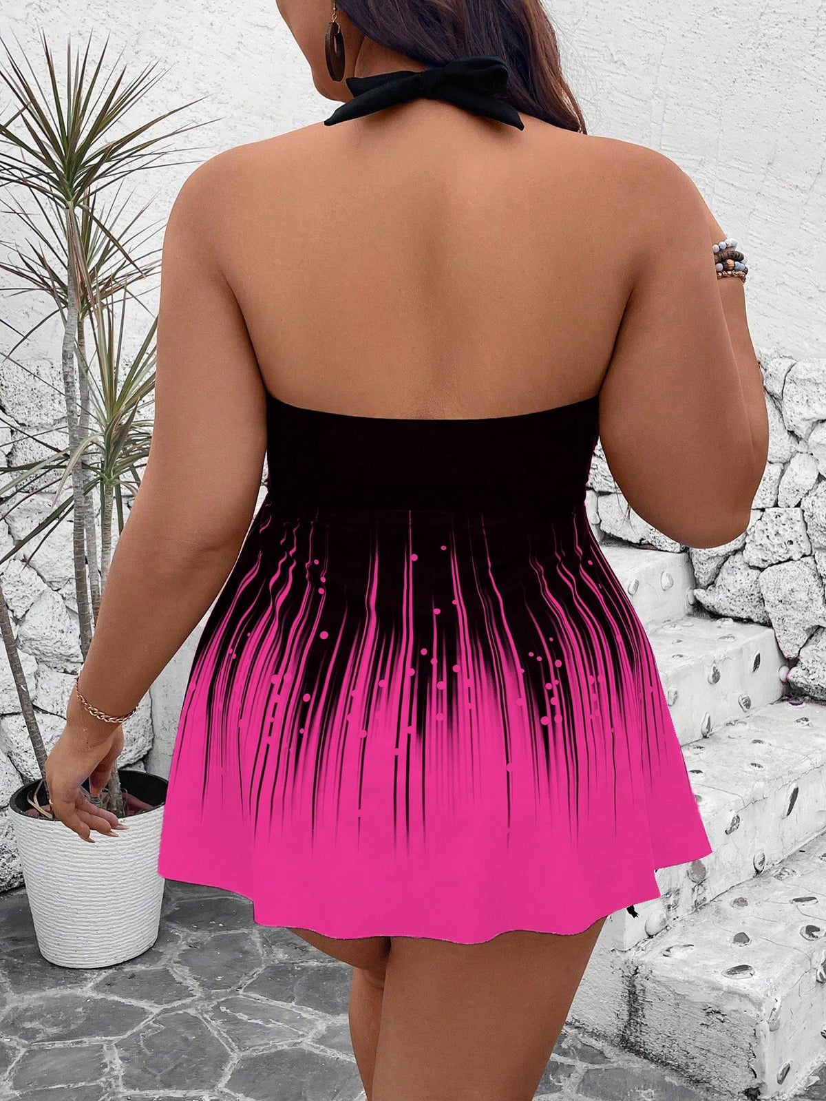 Swim Lushoire Plus Size 2Pcs Set Cerise Pink,Summer,Holiday,Vacation,Holiday Printed Pattern Top&Solid High Waist Shorts,Spaghetti Straps Backless Casual Bikini Set