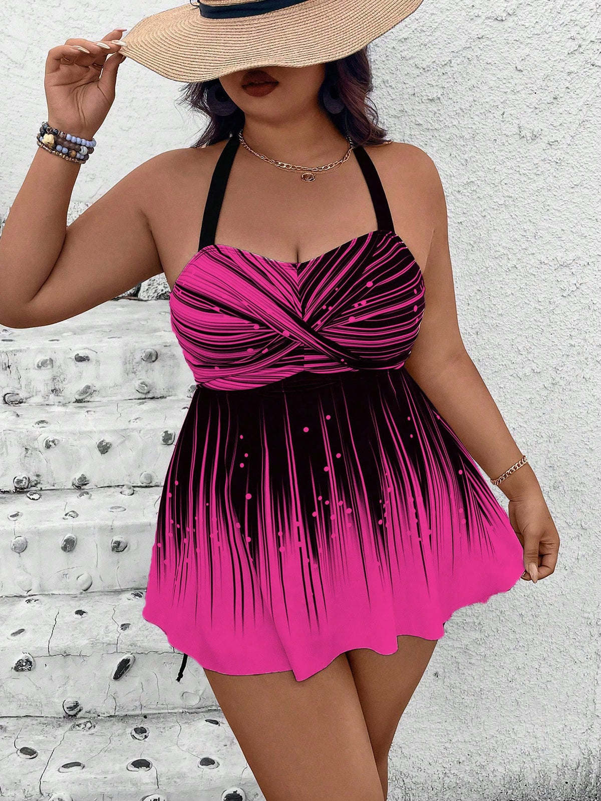 Swim Lushoire Plus Size 2Pcs Set Cerise Pink,Summer,Holiday,Vacation,Holiday Printed Pattern Top&Solid High Waist Shorts,Spaghetti Straps Backless Casual Bikini Set
