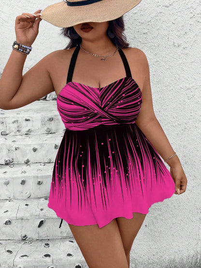 Swim Lushoire Plus Size 2Pcs Set Cerise Pink,Summer,Holiday,Vacation,Holiday Printed Pattern Top&Solid High Waist Shorts,Spaghetti Straps Backless Casual Bikini Set