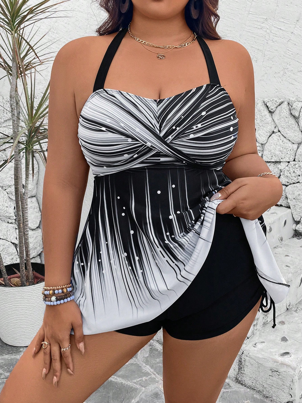 Swim Lushoire Plus Size 2Pcs Set Cerise Pink,Summer,Holiday,Vacation,Holiday Printed Pattern Top&Solid High Waist Shorts,Spaghetti Straps Backless Casual Bikini Set
