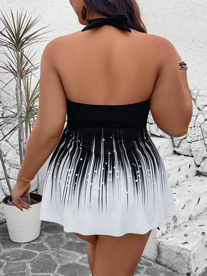 Swim Lushoire Plus Size 2Pcs Set Cerise Pink,Summer,Holiday,Vacation,Holiday Printed Pattern Top&Solid High Waist Shorts,Spaghetti Straps Backless Casual Bikini Set