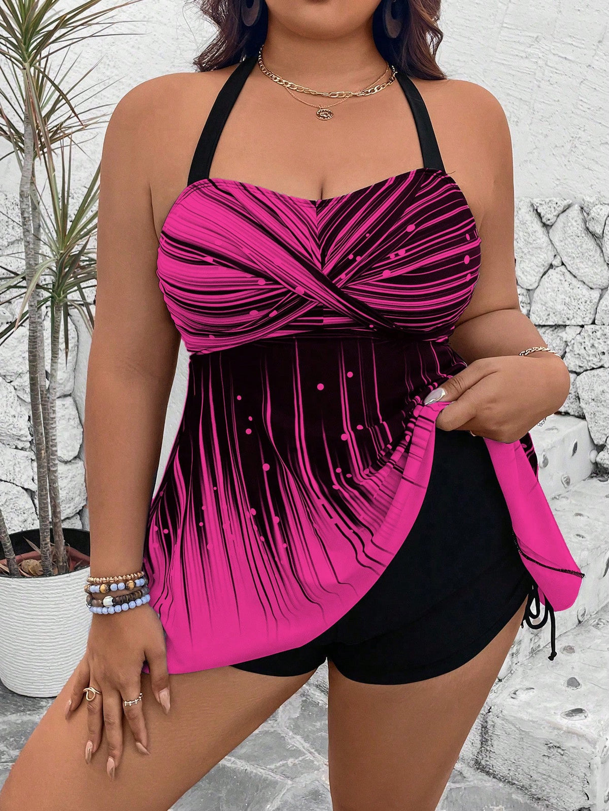 Swim Lushoire Plus Size 2Pcs Set Cerise Pink,Summer,Holiday,Vacation,Holiday Printed Pattern Top&Solid High Waist Shorts,Spaghetti Straps Backless Casual Bikini Set