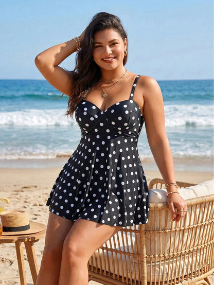 Swim Lushoire Plus Size Black & White Polka Dot Print Swimsuit, Minimalist Mature Style