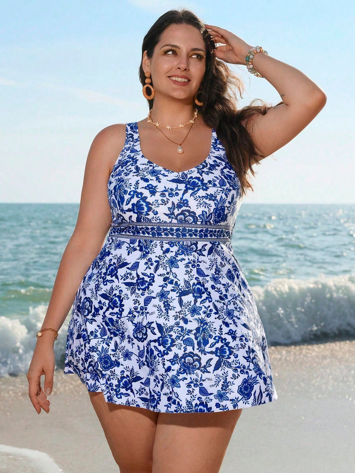 Swim Lushoire Plus Size Blue Printed Tankini Swimsuit