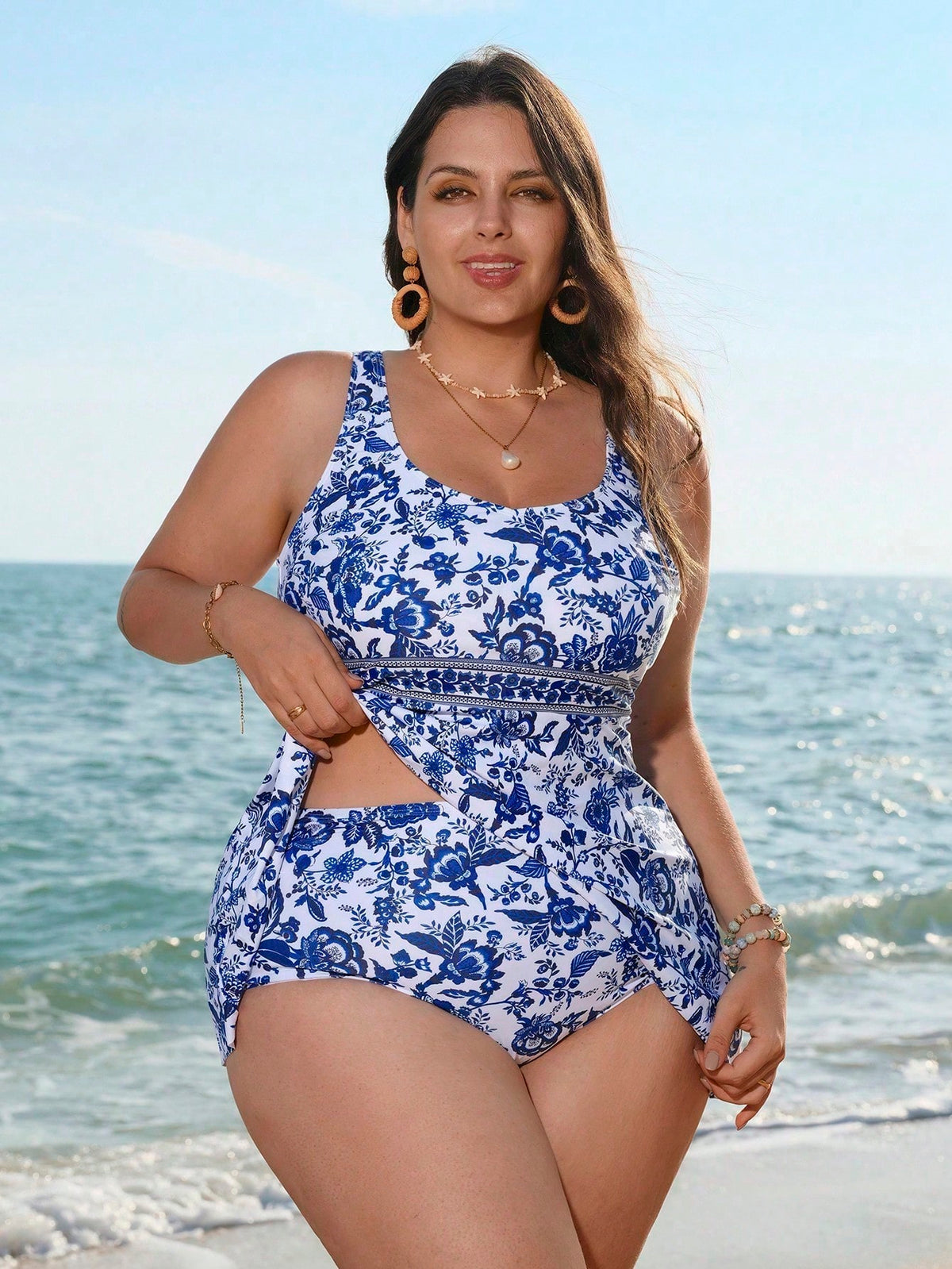 Swim Lushoire Plus Size Blue Printed Tankini Swimsuit