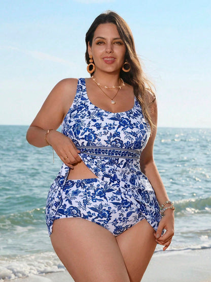 Swim Lushoire Plus Size Blue Printed Tankini Swimsuit