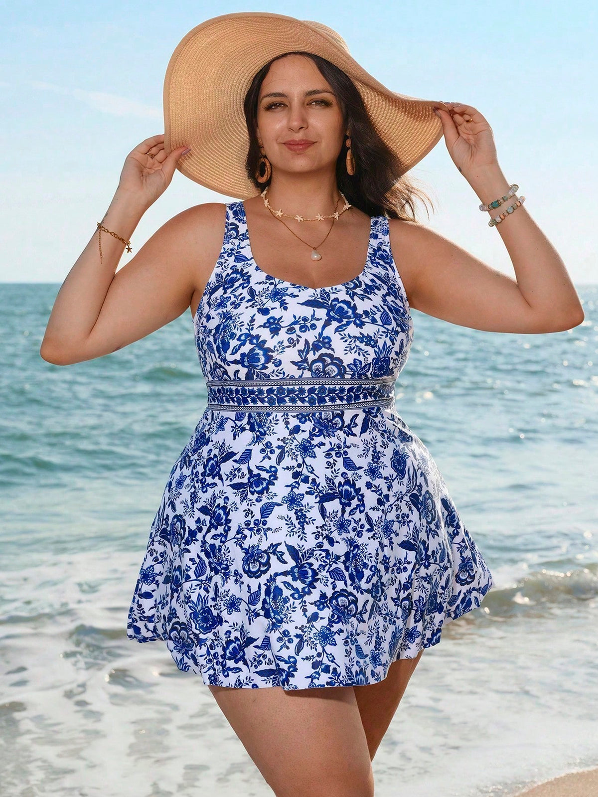 Swim Lushoire Plus Size Blue Printed Tankini Swimsuit