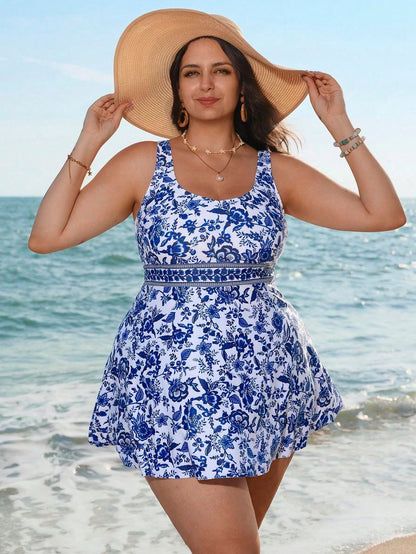 Swim Lushoire Plus Size Blue Printed Tankini Swimsuit