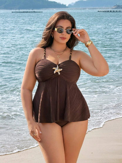 Swim Lushoire Plus Size Halter Bikini Made Of Wavy Fabric, Mature Minimalist European And American Style Swimwear