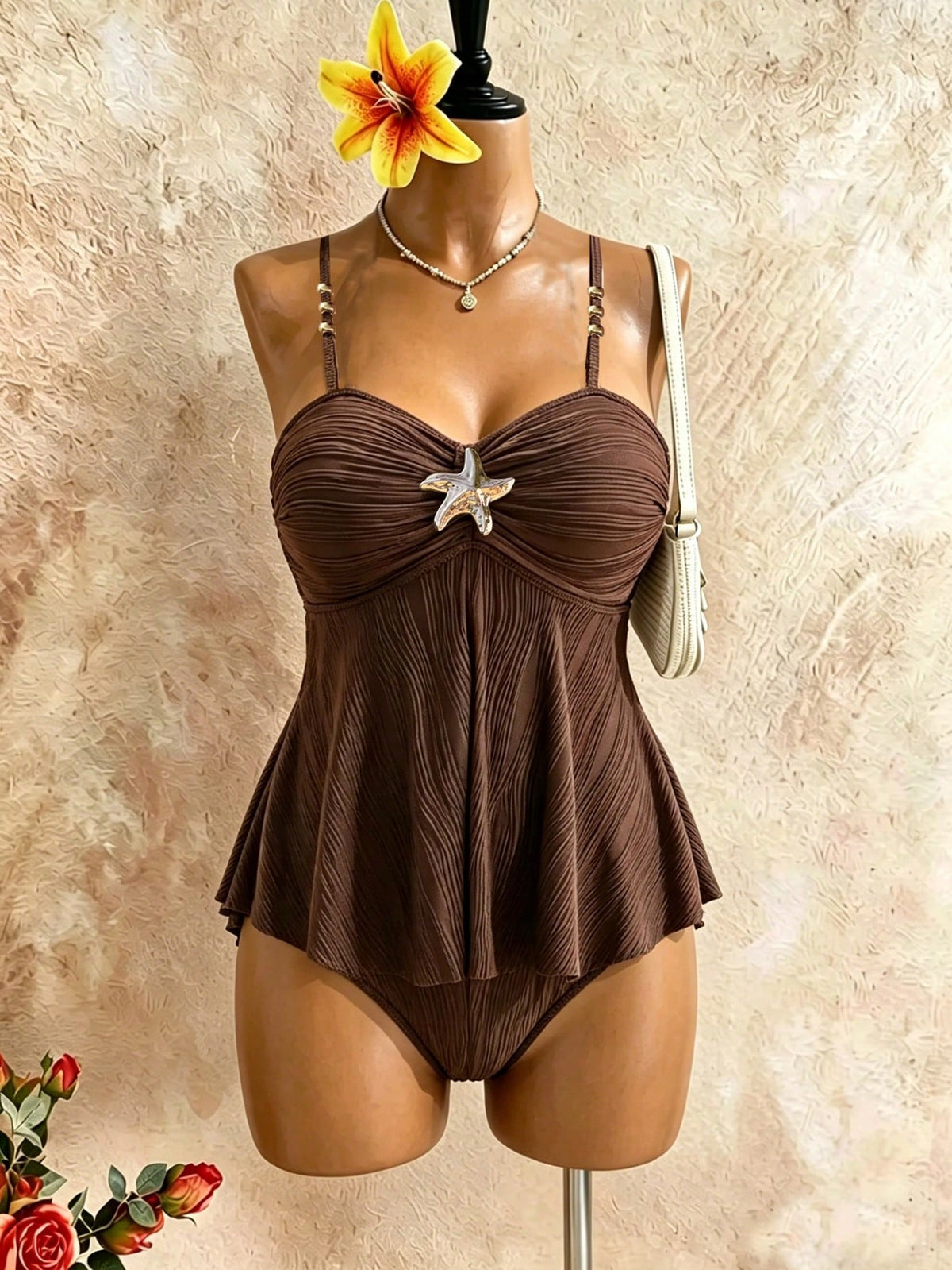 Swim Lushoire Plus Size Halter Bikini Made Of Wavy Fabric, Mature Minimalist European And American Style Swimwear