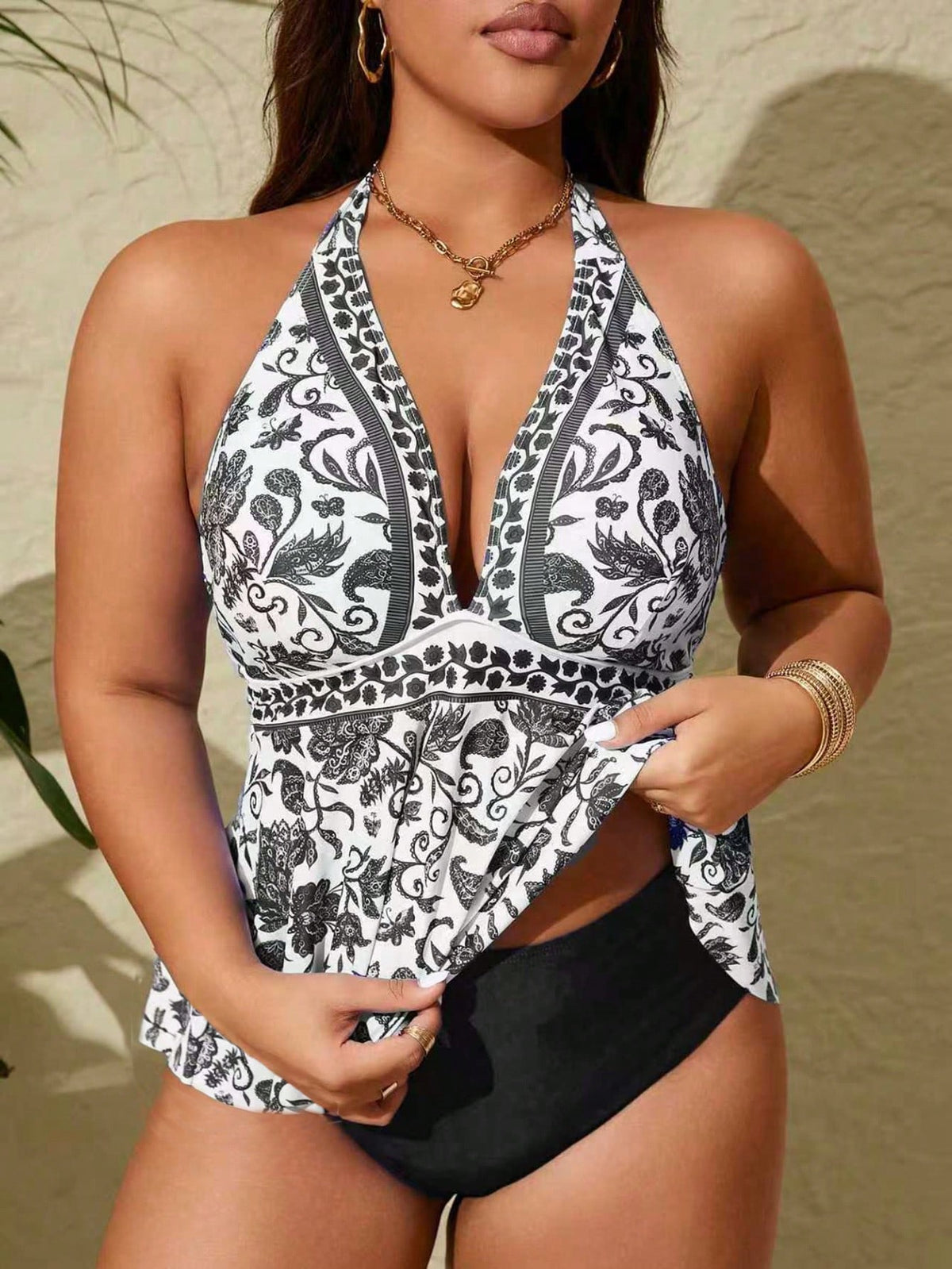 Swim Lushoire Plus Size Positioned Printed Fashionable 2 Pieces Tankini Swimwear Summer