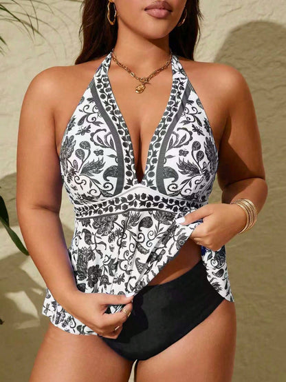 Swim Lushoire Plus Size Positioned Printed Fashionable 2 Pieces Tankini Swimwear Summer