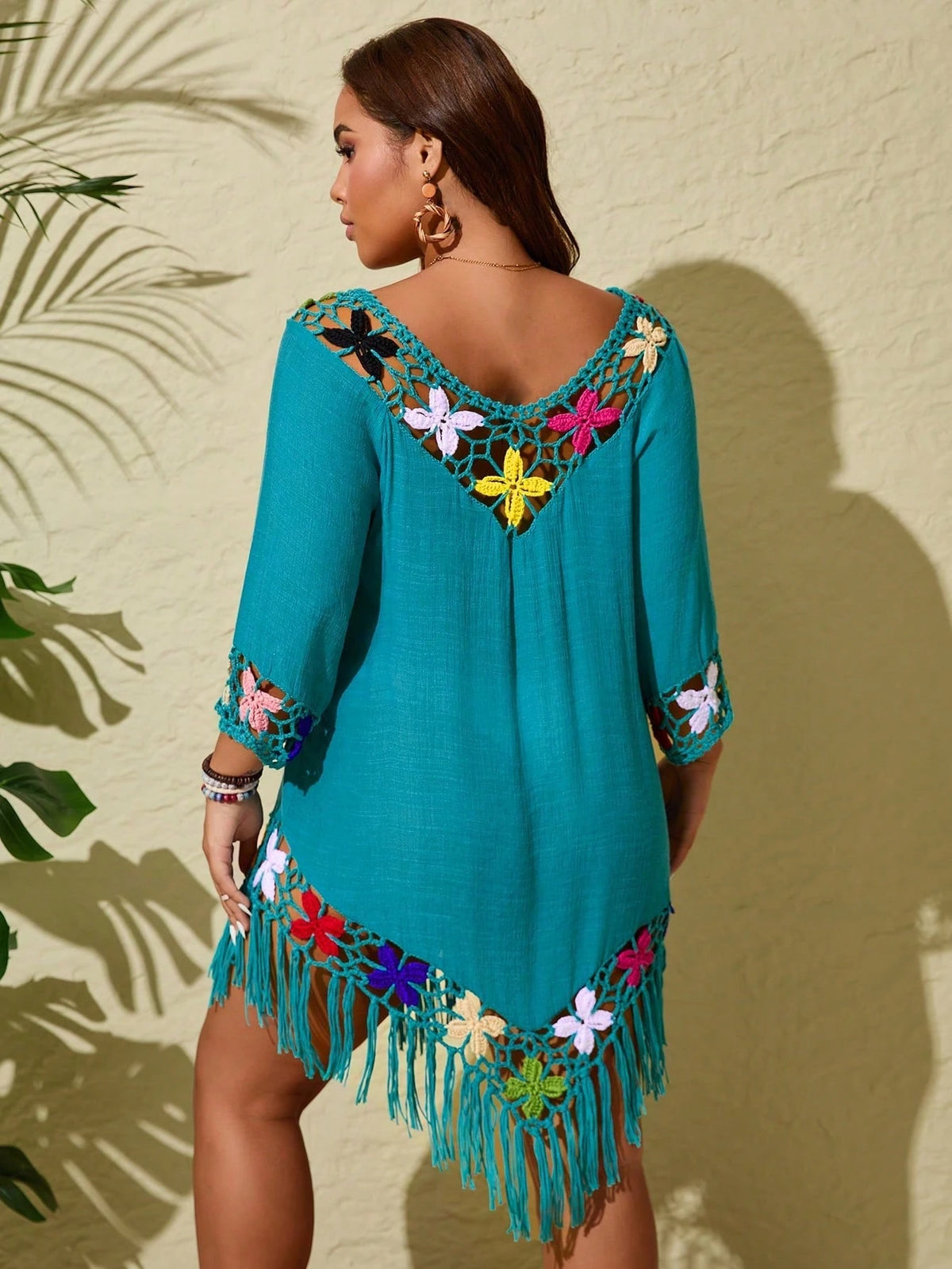 Swim Lushoire Plus Size Pullover Hooded Cover Up With Tassel Patchwork, Loose Fit Mid-Sleeve