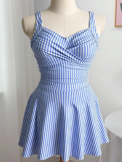 Swim Lushoire Plus Size Striped Print V-Neck Criss-Cross Front Ruched Hem Dress With Built-In Tankini Bottom, Sexy Slimming Beach Vacation Swimdress