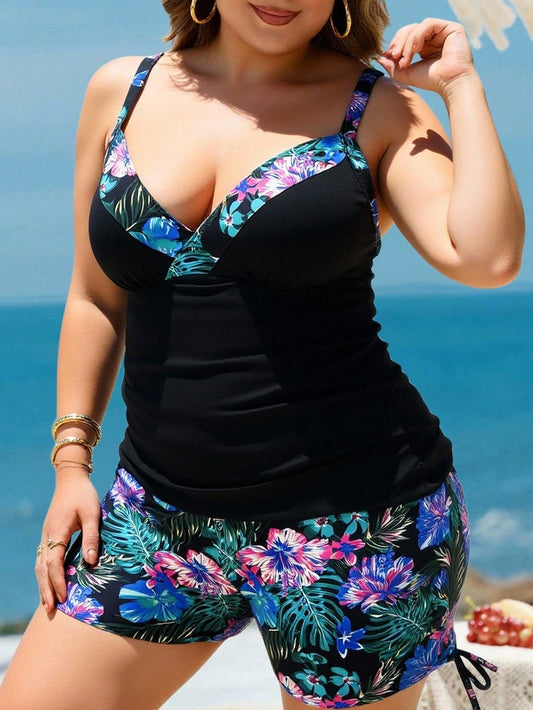 Swim Lushoire Plus Size Tropical Print Tankini Swimwear Set Plus Size Beachwear Plus Size Tankinis With Shorts For Summer Beach Vacation