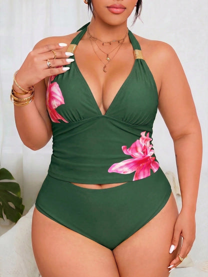 Swim Lushoire Plus Size Women 2-Piece Leopard Print Digital Print Deep V-Neck Halter Sexy Beach Pool Tank Bikini Set