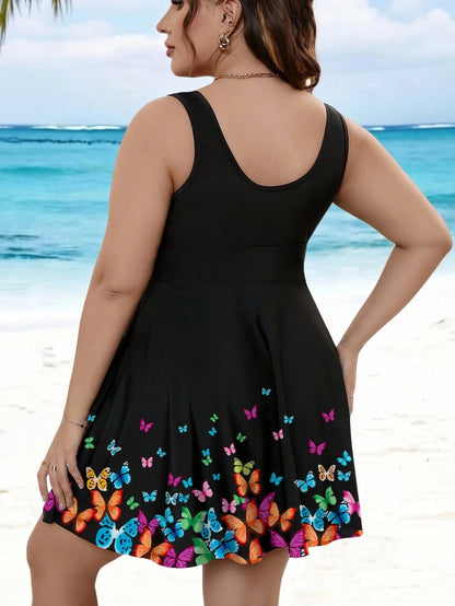 Swim Lushoire Plus Size Women 2 Pieces Floral Print V-Neck Elegant Tummy Control Tankini Bikini Set Summer