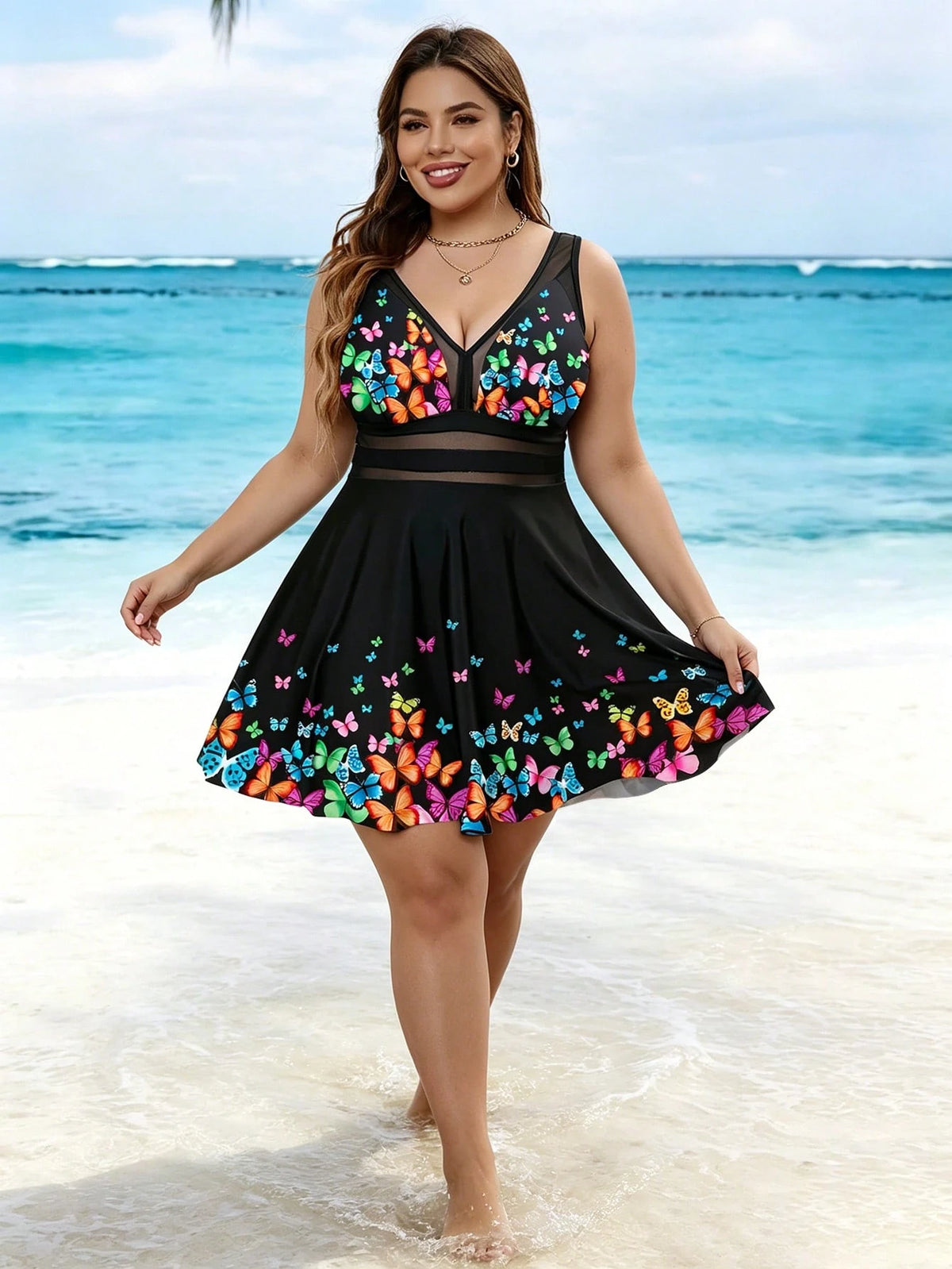Swim Lushoire Plus Size Women 2 Pieces Floral Print V-Neck Elegant Tummy Control Tankini Bikini Set Summer
