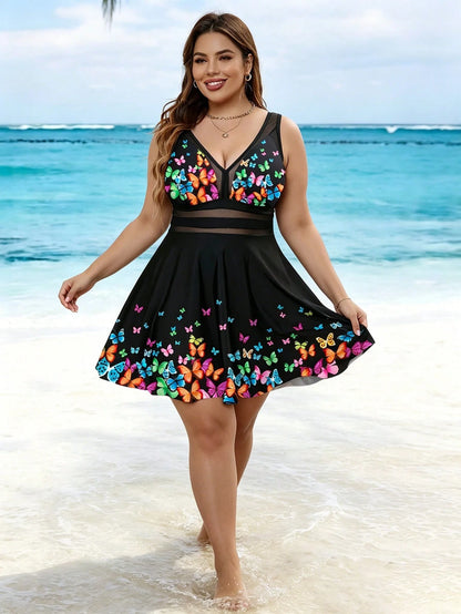 Swim Lushoire Plus Size Women 2 Pieces Floral Print V-Neck Elegant Tummy Control Tankini Bikini Set Summer