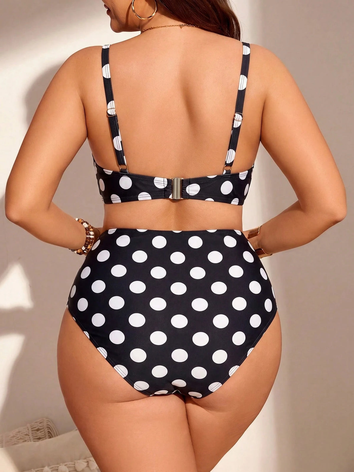 Swim Lushoire Plus Size Women 2pcs Polka Dot Print Gathered Tankini Swimwear Set, Fashionable & Minimalist For Vacation