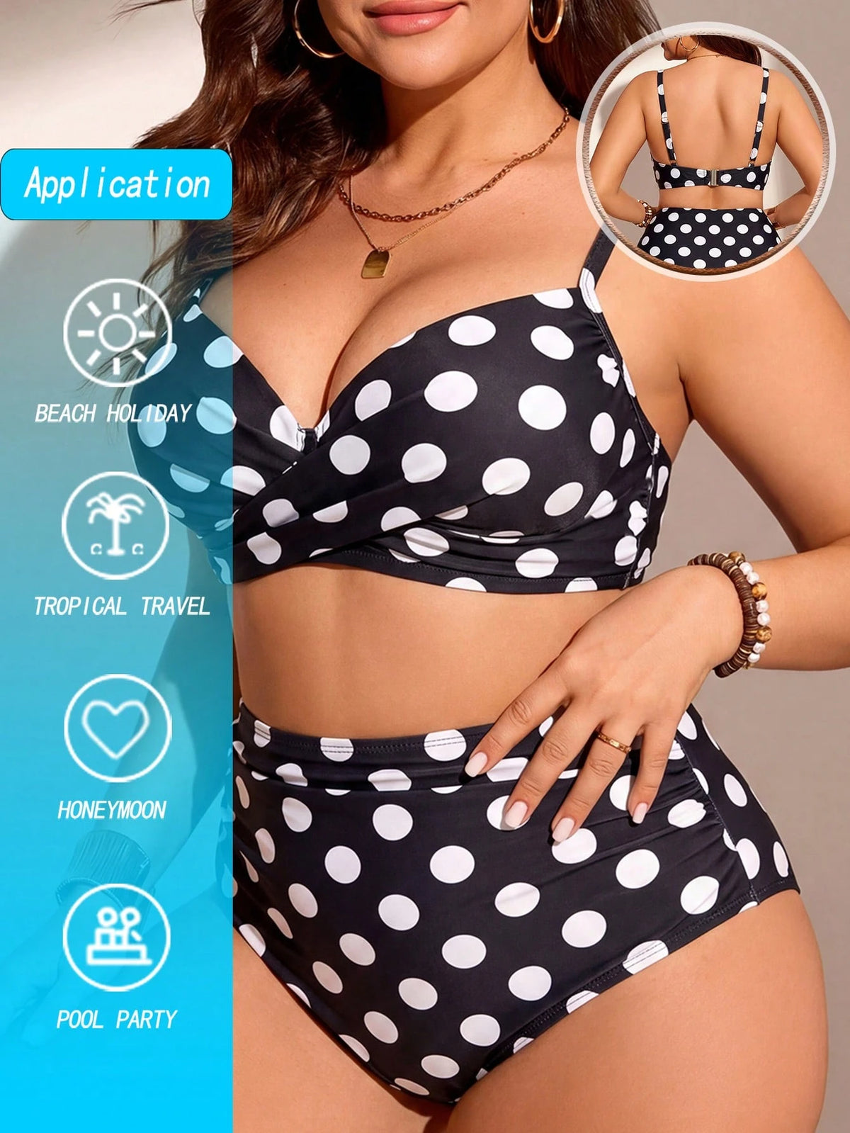 Swim Lushoire Plus Size Women 2pcs Polka Dot Print Gathered Tankini Swimwear Set, Fashionable & Minimalist For Vacation