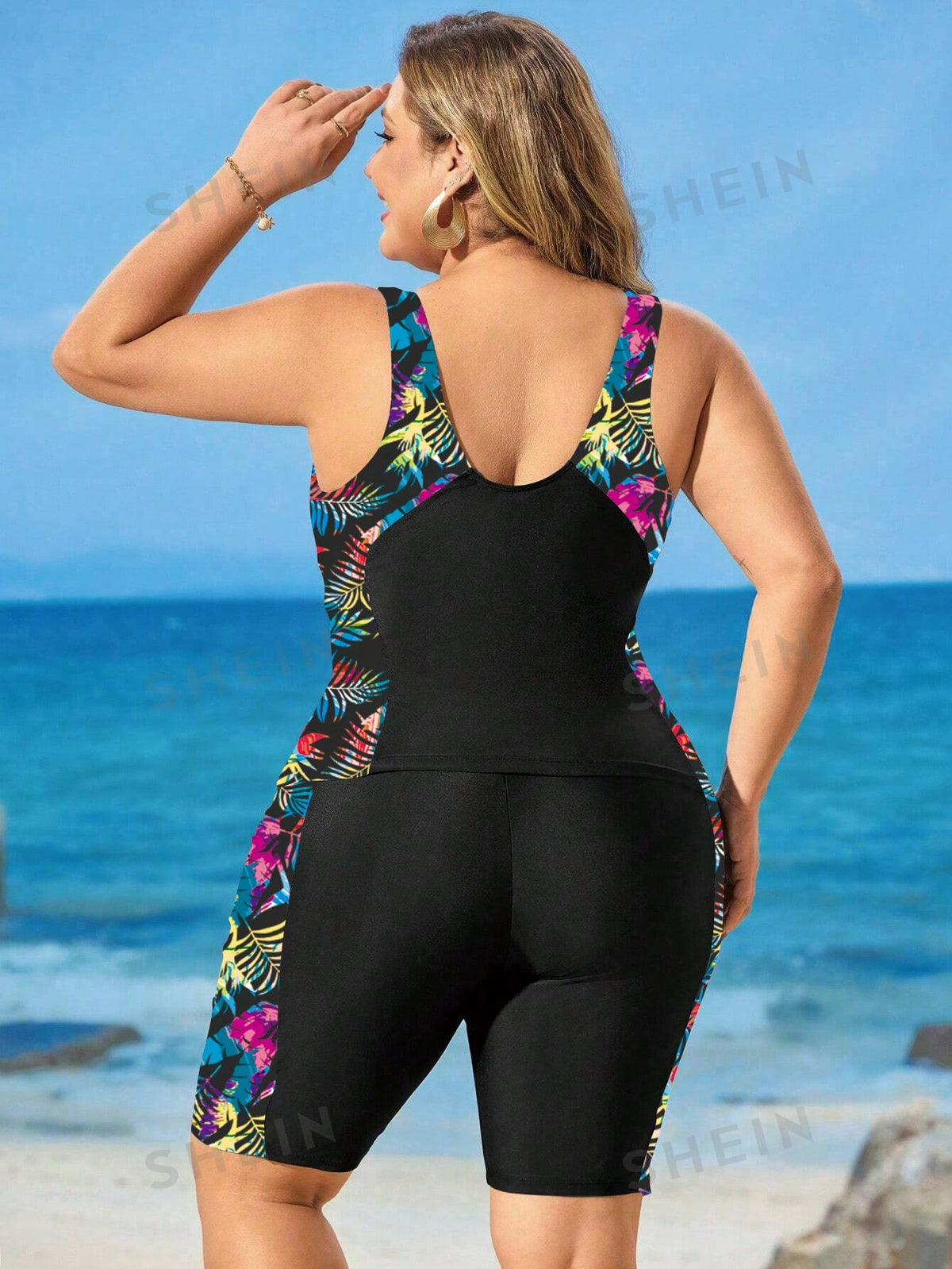 Swim Lushoire Plus Size Women 2pcs Printed Thick Strap Backless Tankini Swimwear Set