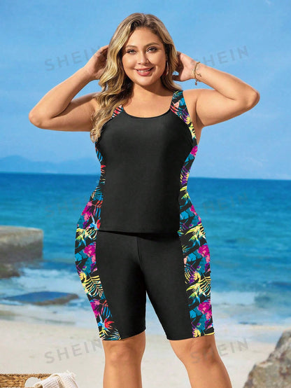Swim Lushoire Plus Size Women 2pcs Printed Thick Strap Backless Tankini Swimwear Set