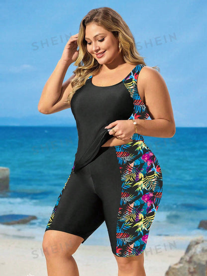Swim Lushoire Plus Size Women 2pcs Printed Thick Strap Backless Tankini Swimwear Set