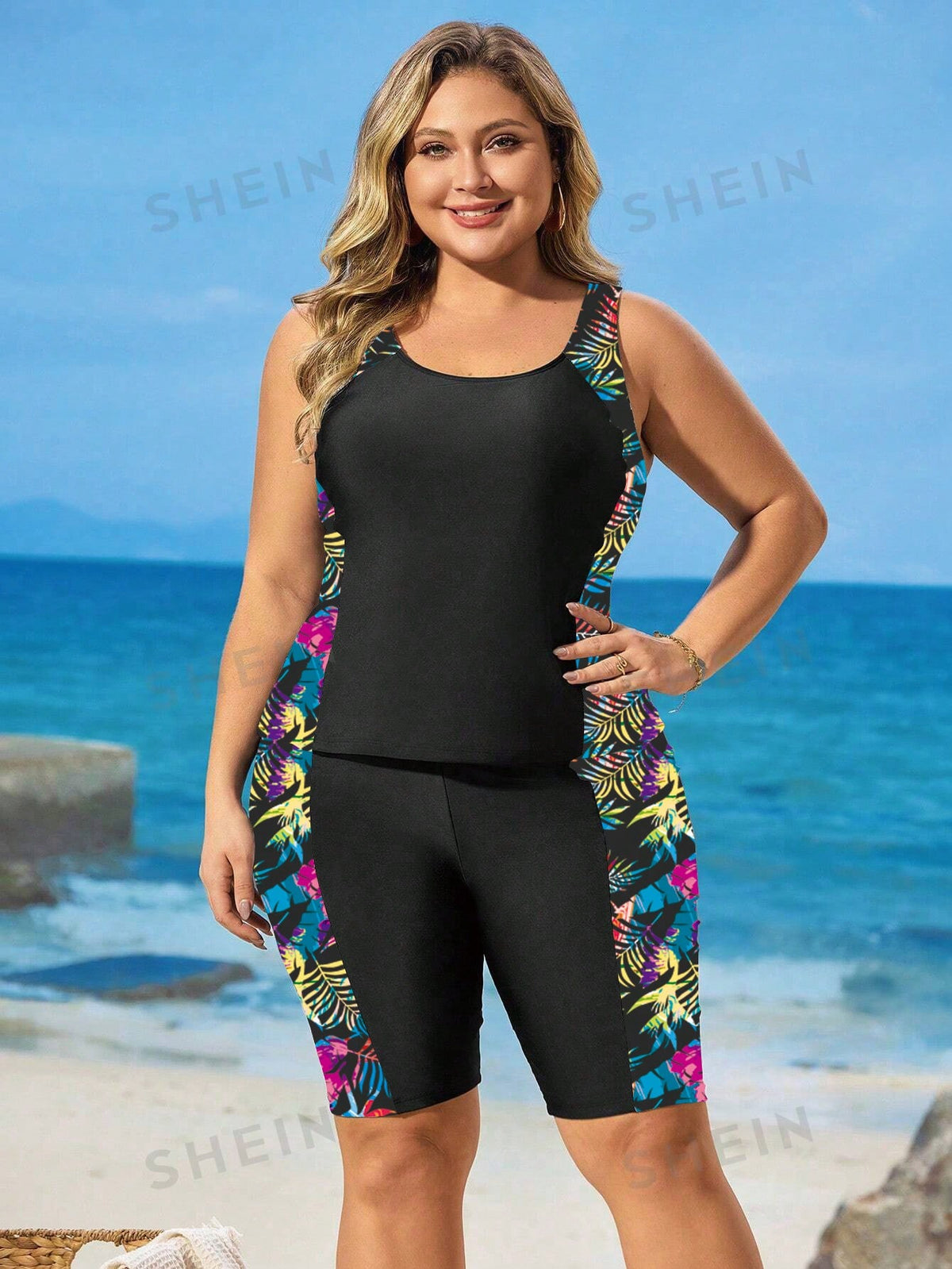 Swim Lushoire Plus Size Women 2pcs Printed Thick Strap Backless Tankini Swimwear Set