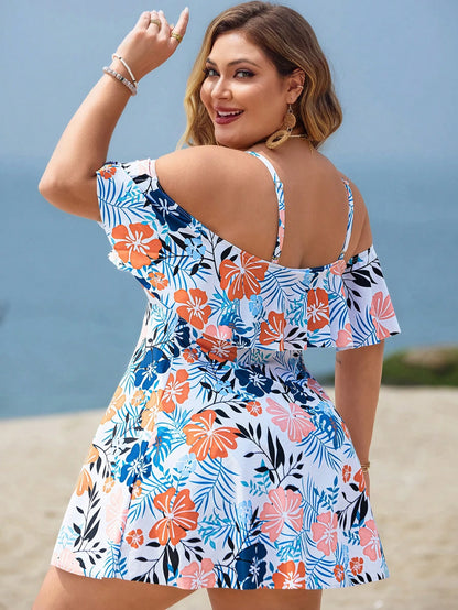 Swim Lushoire Plus Size Women 2pcs White Summer Boho Bachelorette Party Beach Holiday Printed Spaghetti Strap Ruffle Trim Off Shoulder A-Line Split Swimwear Set