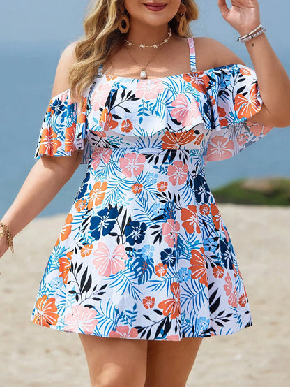 Swim Lushoire Plus Size Women 2pcs White Summer Boho Bachelorette Party Beach Holiday Printed Spaghetti Strap Ruffle Trim Off Shoulder A-Line Split Swimwear Set