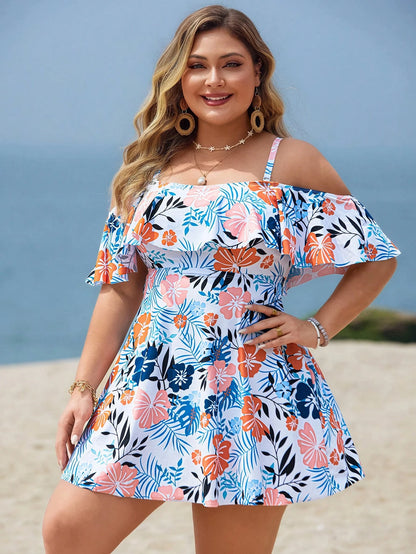 Swim Lushoire Plus Size Women 2pcs White Summer Boho Bachelorette Party Beach Holiday Printed Spaghetti Strap Ruffle Trim Off Shoulder A-Line Split Swimwear Set
