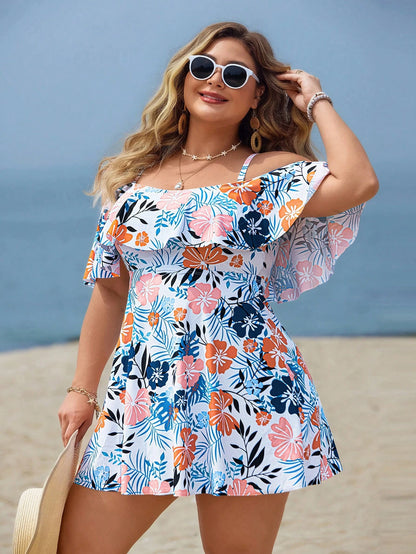 Swim Lushoire Plus Size Women 2pcs White Summer Boho Bachelorette Party Beach Holiday Printed Spaghetti Strap Ruffle Trim Off Shoulder A-Line Split Swimwear Set