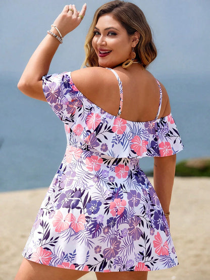 Swim Lushoire Plus Size Women 2pcs White Summer Boho Bachelorette Party Beach Holiday Printed Spaghetti Strap Ruffle Trim Off Shoulder A-Line Split Swimwear Set