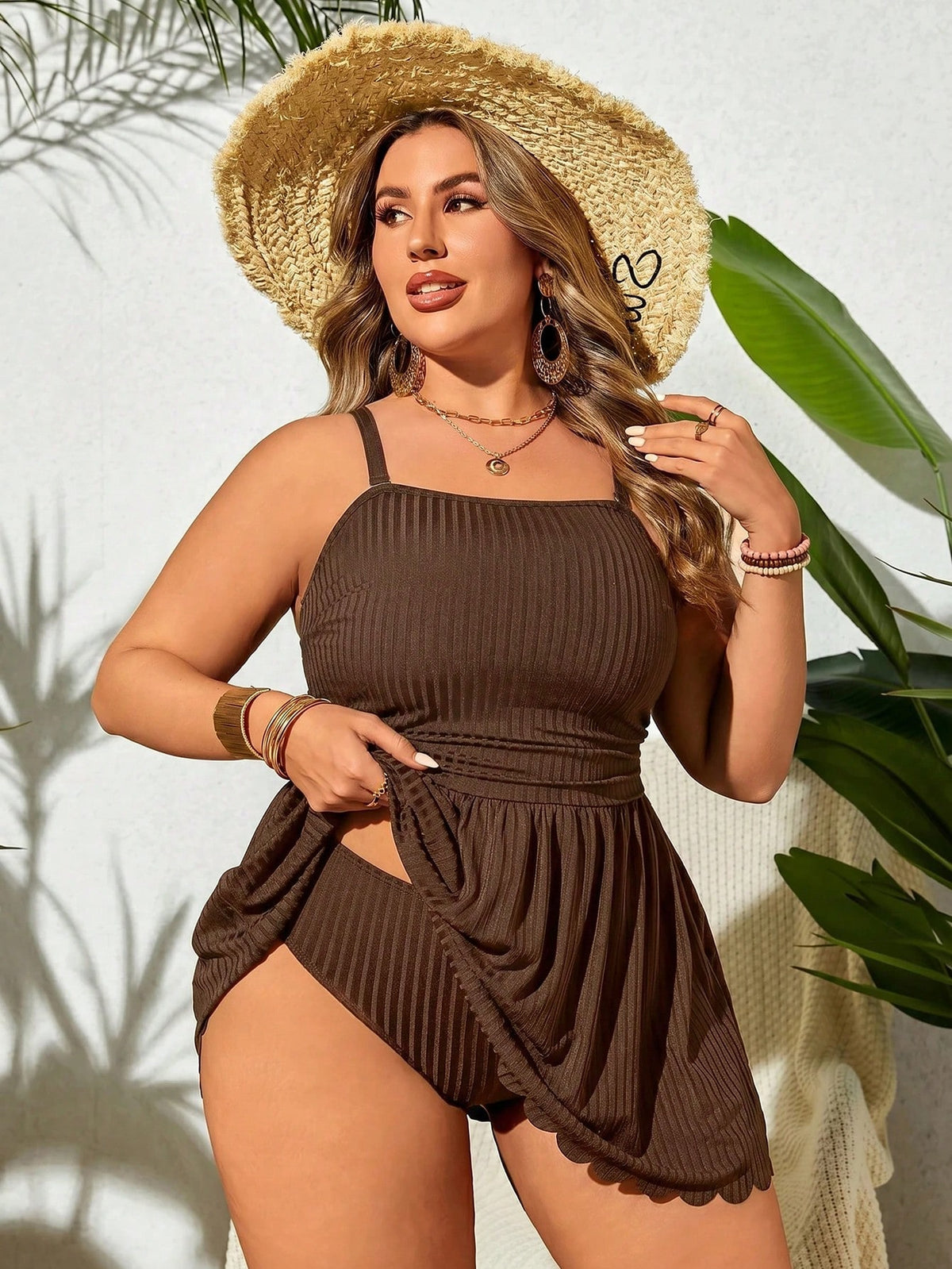 Swim Lushoire Plus Size Women Beach Vacation Solid Color Casual Elegant Camisole Swimdress With Swim Shorts Summer