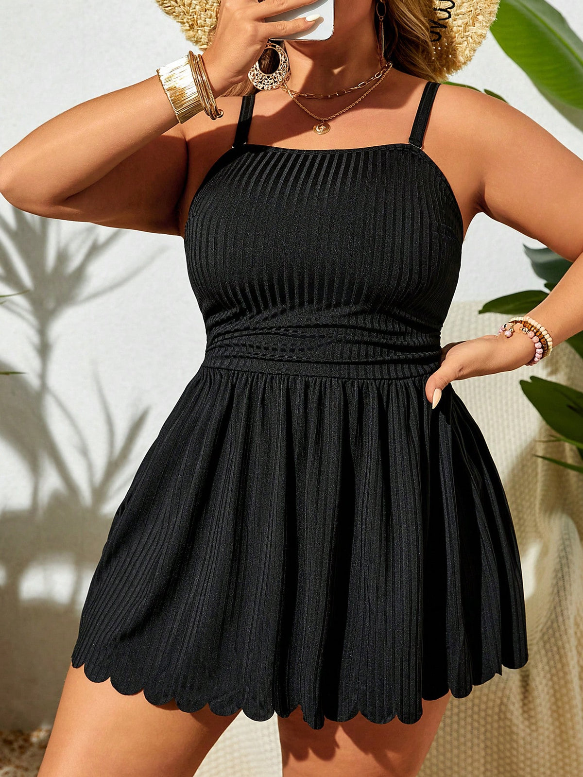 Swim Lushoire Plus Size Women Beach Vacation Solid Color Casual Elegant Camisole Swimdress With Swim Shorts Summer