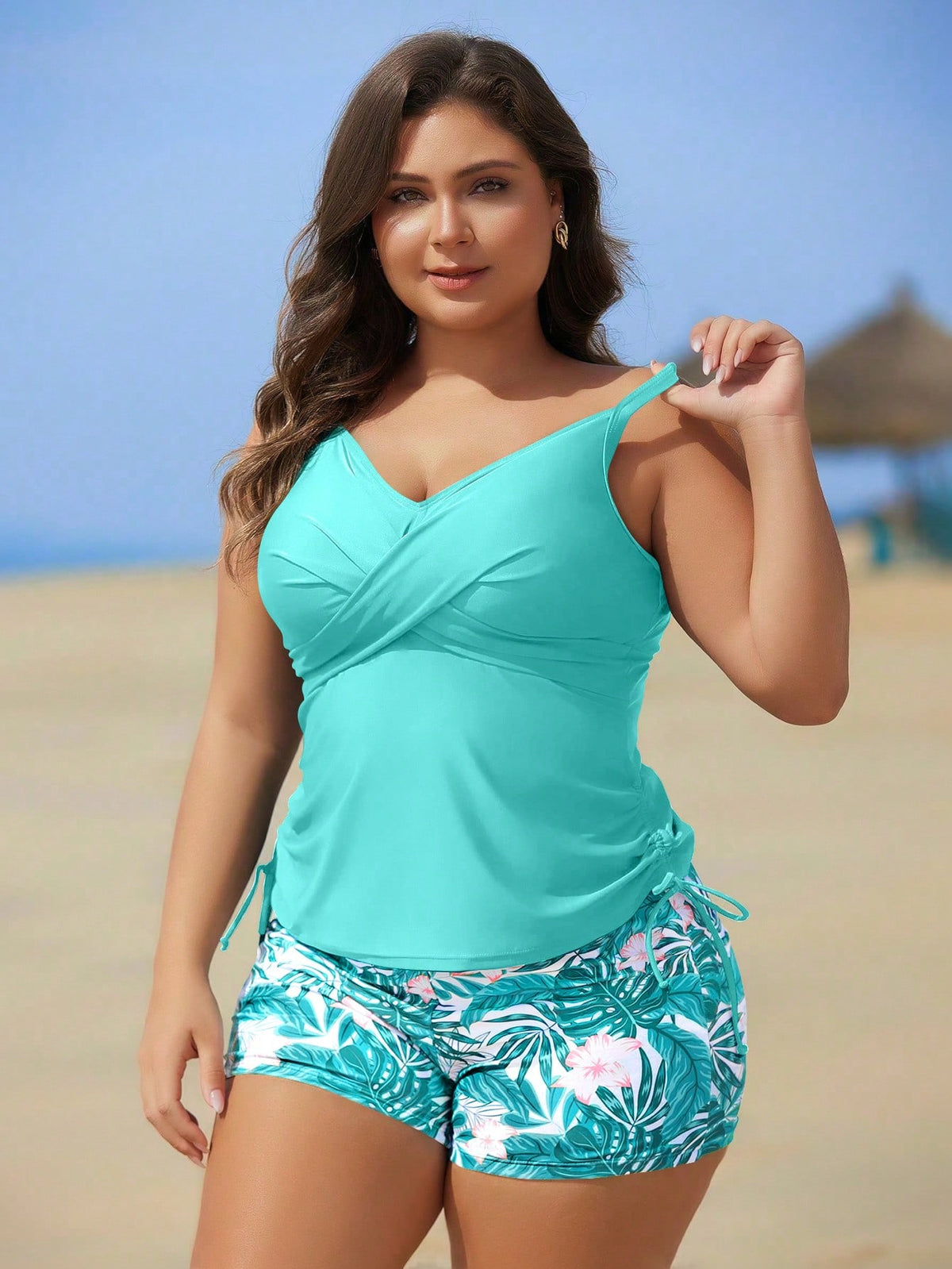 Swim Lushoire Plus Size Women High Waisted Floral Print Shorts With Adjustable Straps Top Tankini Set, Modest & Slimming Design For Summer Beach Vacation