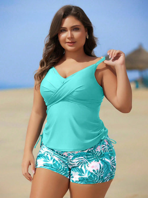 Swim Lushoire Plus Size Women High Waisted Floral Print Shorts With Adjustable Straps Top Tankini Set, Modest & Slimming Design For Summer Beach Vacation