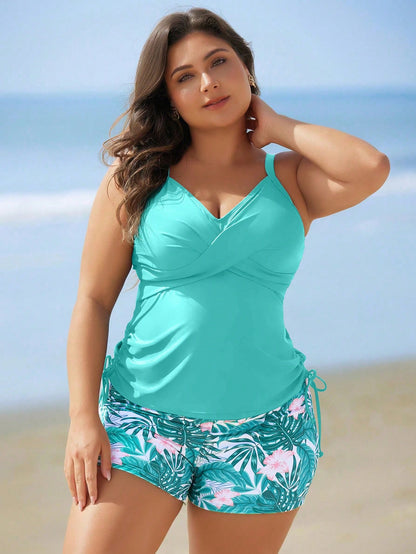 Swim Lushoire Plus Size Women High Waisted Floral Print Shorts With Adjustable Straps Top Tankini Set, Modest & Slimming Design For Summer Beach Vacation