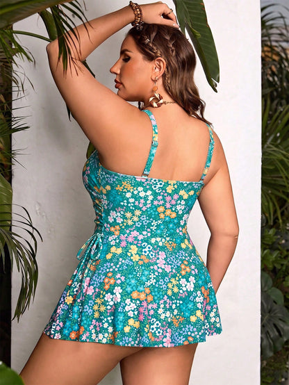 Swim Lushoire Plus Size Women Holiday Beach Beach Vacation Teal Floral Print Spaghetti Strap Bow Tie Tankini Swimwear Dress Camisole Bikini Set Summer Boho