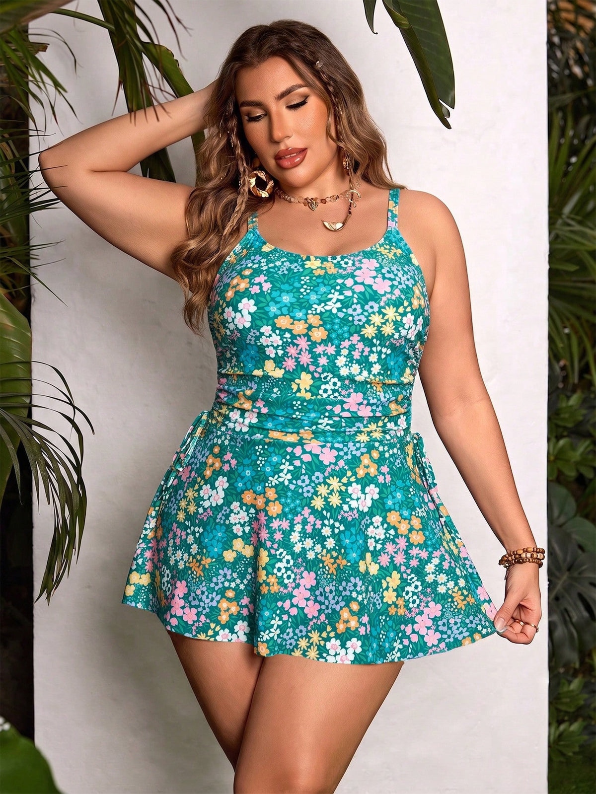 Swim Lushoire Plus Size Women Holiday Beach Beach Vacation Teal Floral Print Spaghetti Strap Bow Tie Tankini Swimwear Dress Camisole Bikini Set Summer Boho