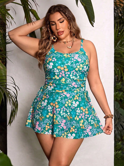 Swim Lushoire Plus Size Women Holiday Beach Beach Vacation Teal Floral Print Spaghetti Strap Bow Tie Tankini Swimwear Dress Camisole Bikini Set Summer Boho