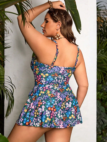 Swim Lushoire Plus Size Women Holiday Beach Beach Vacation Teal Floral Print Spaghetti Strap Bow Tie Tankini Swimwear Dress Camisole Bikini Set Summer Boho